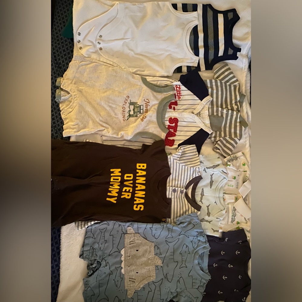 0-3 month baby boy clothes, various brands.